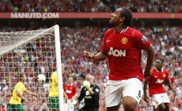 Manchester United's Anderson celebrates scoring against Norwich City during their English Premier League soccer match at Old Trafford Stadium, Manchester, England, Saturday Oct. 1, 2011.