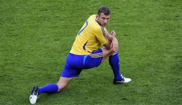 Ukraine's Andriy Shevchenko stretches during the official training of Ukraine on the eve of the Euro 2012 soccer championship Group D match between Ukraine and France in Donetsk, Ukraine, Thursday, June 14, 2012.
