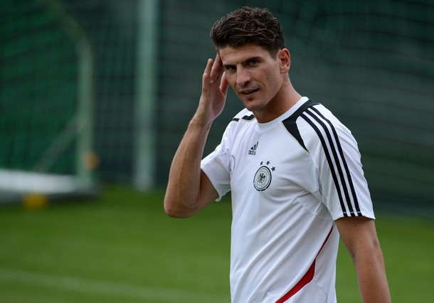 German forward Mario Gomez takes part in a training session in Gdansk on June 23, 2012, during the Euro 2012 football championships.