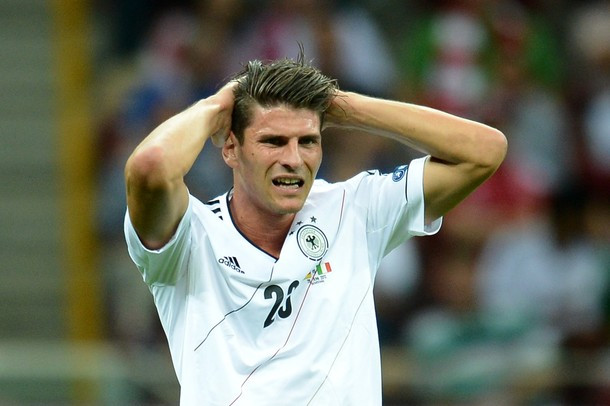 German forward Mario Gomez reacts during the Euro 2012 football championships semi-final match Germany vs Italy on June 28, 2012 at the National Stadium in Warsaw.