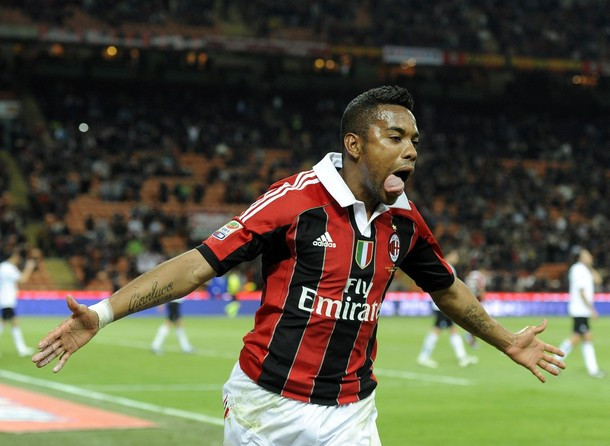 MILAN, ITALY - MAY 02:  Robinho of AC Milan celebrates scoring his team's second goal during the Serie A match between AC Milan and Atalanta BC at Stadio Giuseppe Meazza on May 2, 2012 in Milan, Italy.