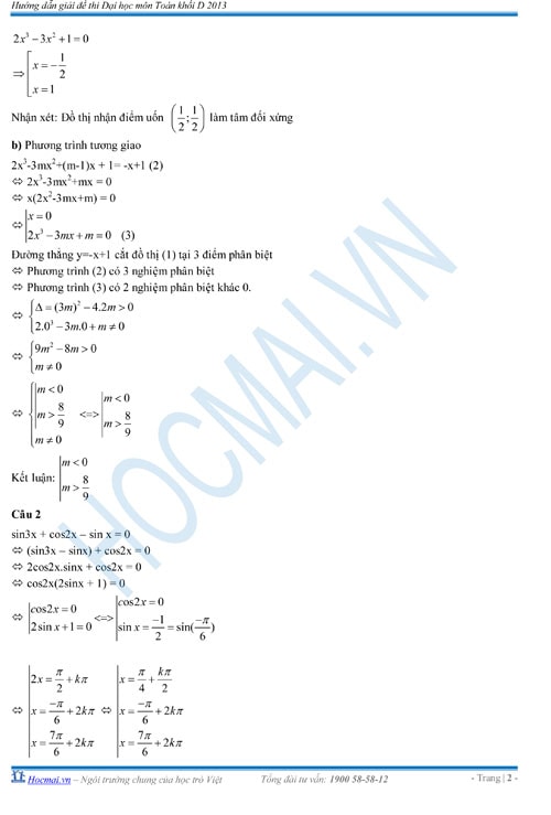Gợi ý đáp án đề thi môn Toán năm 2013 khối B, D
