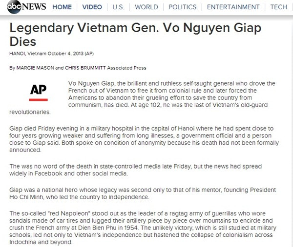 Báo chí quốc tế đồng loạt đưa tin về sự ra đi của Đại tướng Võ Nguyên Giáp