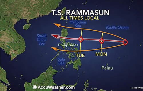 Bão Rammasun hướng vào Biển Đông, đề phòng mưa dông tại khu vực Hà Nội trong 1 giờ tới