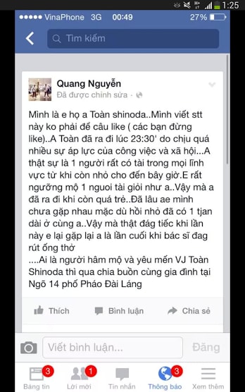 Toàn Shinoda đột ngột qua đời vào đêm hôm qua khiến cư dân mạng bàng hoàng