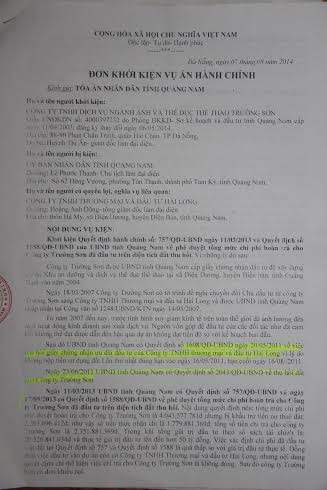 Công ty Trường Sơn khởi kiện Quyết định hành chính của UBND tỉnh Quảng Nam