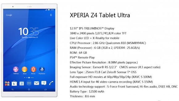Lộ ảnh Sony Xperia Tablet Z4 với màn hình khủng 2K
