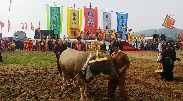 “Vua” xắn quần, lội ruộng đi cày trong lễ hội Tịch Điền