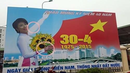 Giật mình với pano chào mừng 30/4 với bàn tay 4 ngón