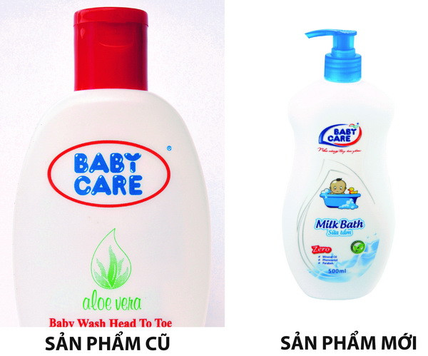 Sản phẩm sữa tắm Baby Care với bao bì cũ (trái) và Baby Care với bao bì mới có logo hình chiếc lá.