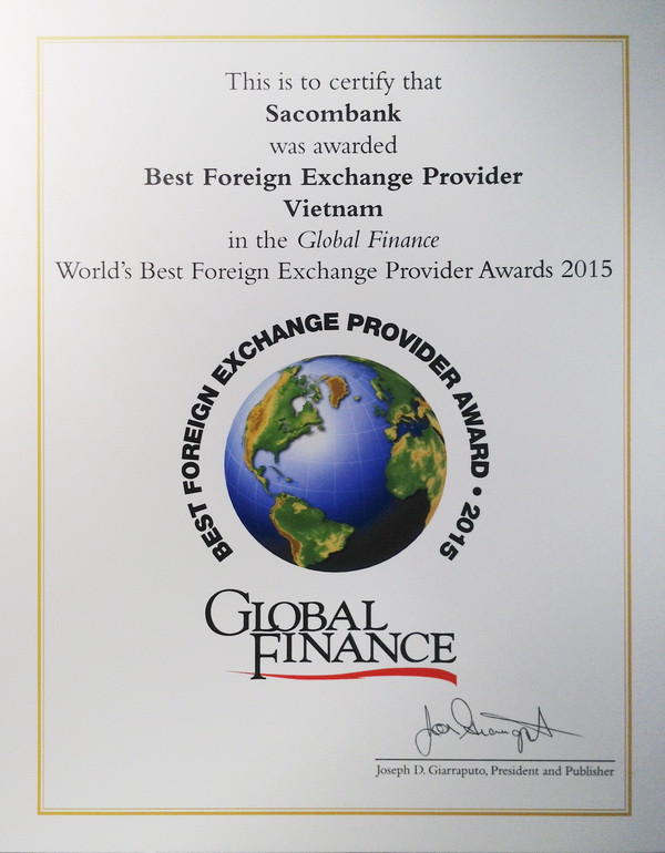 Sacombank nhận giải thưởng Ngân hàng cung cấp ngoại hối tốt nhất tại Việt Nam