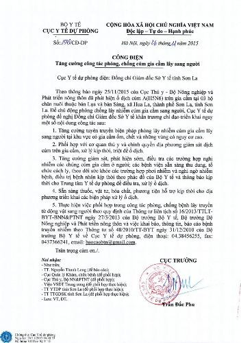 Bộ Y tế yêu cầu Sơn La tăng cường phòng, chống cúm gia cầm lây sang người 