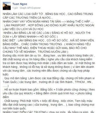 Công khai làm giả giấy tờ, bằng đại học trên facebook 