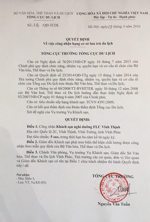 FLC Vĩnh Thịnh Resort được Tổng cục Du lịch xác nhận đạt tiêu chuẩn 5 sao