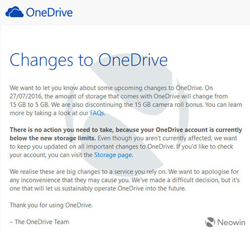 OneDrive chỉ còn 5 GB lưu trữ miễn phí kể từ ngày 27/7