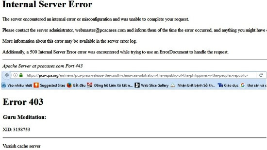 Website của Tòa Trọng tài (PCA) báo lỗi 500 Internal Server Error 