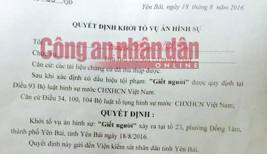 Khởi tố vụ án giết người đặc biệt nghiêm trọng tại Yên Bái