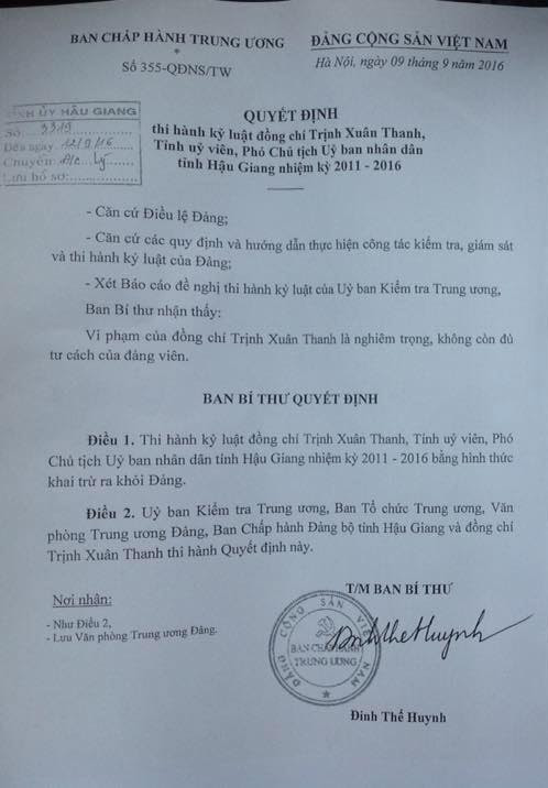 Chính thức khai trừ Đảng ông Trịnh Xuân Thanh