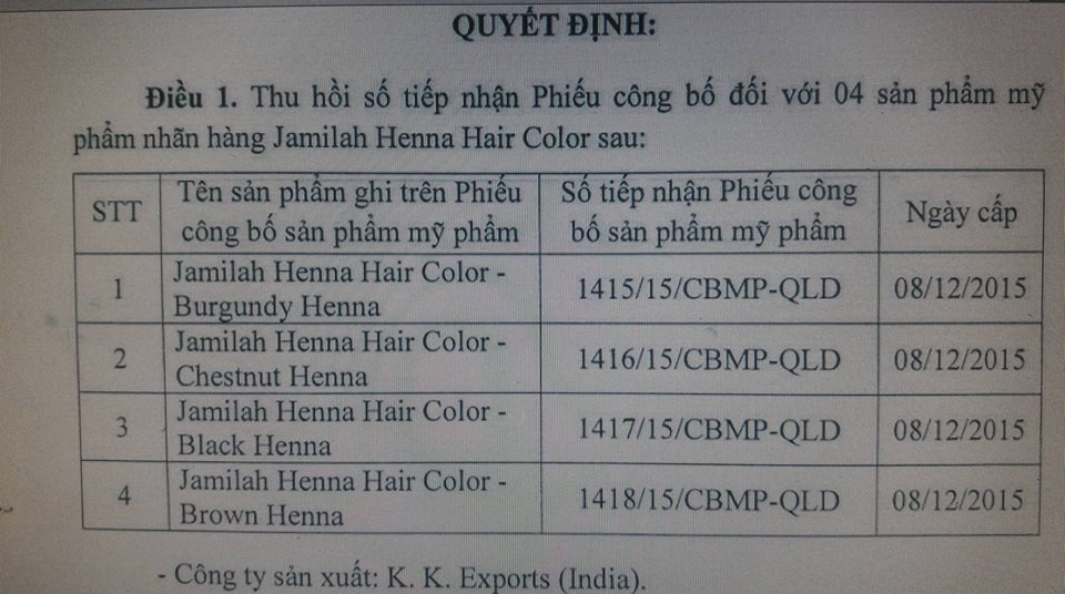 Thu hồi trên toàn quốc 4 sản phẩm mỹ phẩm nhãn hàng Jamilah Henna Hair Color