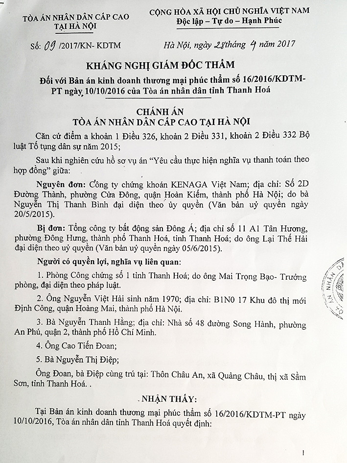 Vụ vay nợ 25 tỷ đồng giữa Tổng Công ty Đông Á và Công ty Kenanga: Tòa án Cấp cao tại Hà Nội kháng nghị giám đốc thẩm