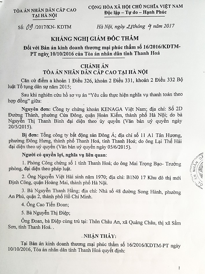 Vụ vay nợ 25 tỷ đồng giữa Tổng Công ty Đông Á và Công ty Kenanga: Tòa án Cấp cao tại Hà Nội kháng nghị giám đốc thẩm