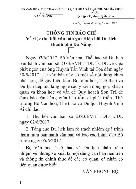 Bộ VHTTDL ra văn bản thu hồi “lệnh” xử lý phát ngôn của ông Huỳnh Tấn Vinh