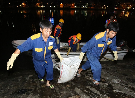 Trắng đêm thu gom hàng tấn cá chết ở hồ Hoàng Cầu