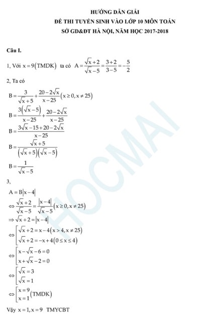 Gợi ý đáp án môn Toán của Sở GD-ĐT Hà Nội