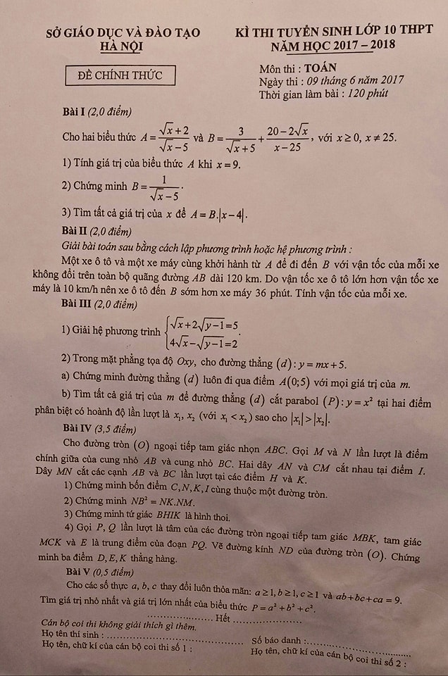Đề thi môn Toán kỳ thi vào 10 ở Hà Nội