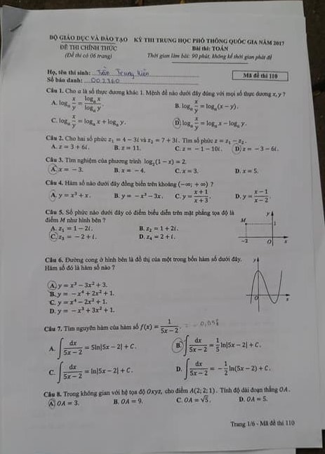 Đề thi môn Toán kỳ thi THPT quốc gia 2017