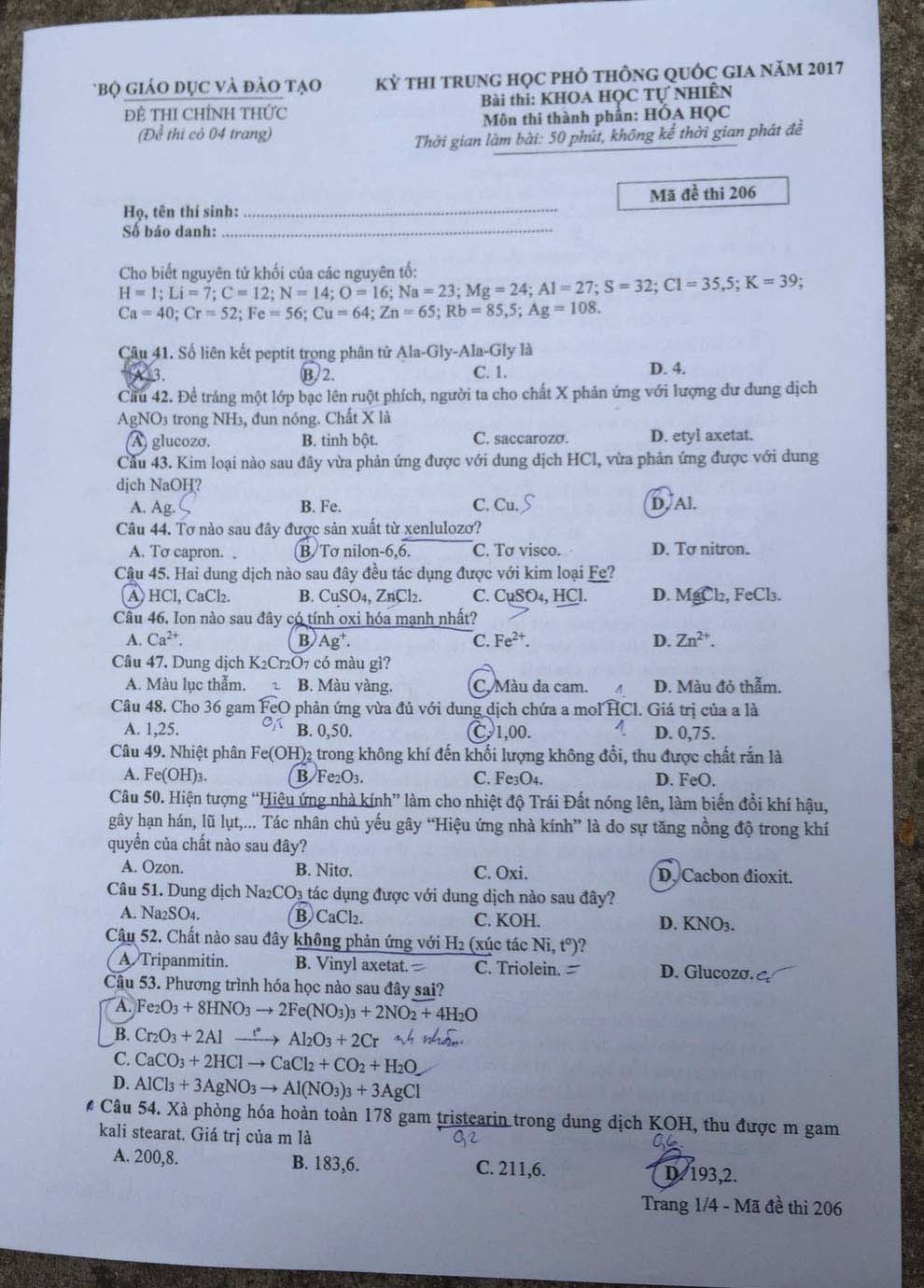 Đề thi môn Hóa học THPT quốc gia 2017