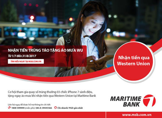 Tặng Iphone 7 cho khách hàng nhận tiền qua Western Union tại Maritime Bank