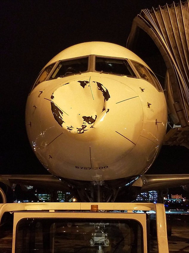 Đầu máy bay Boeing của hãng Delta tróc sơn, lõm vào bên trong. (Ảnh: Dailymail)