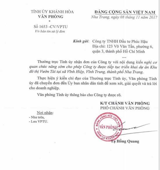 Dự án Vườn Tài: Tỉnh ủy Khánh Hòa chỉ đạo UBND tỉnh trả lời cho doanh nghiệp