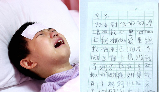 Bé Jiaye khóc nức nở vì đau đớn trong bệnh viện và lá thư xúc động em viết cho cha. (Ảnh: Sina)