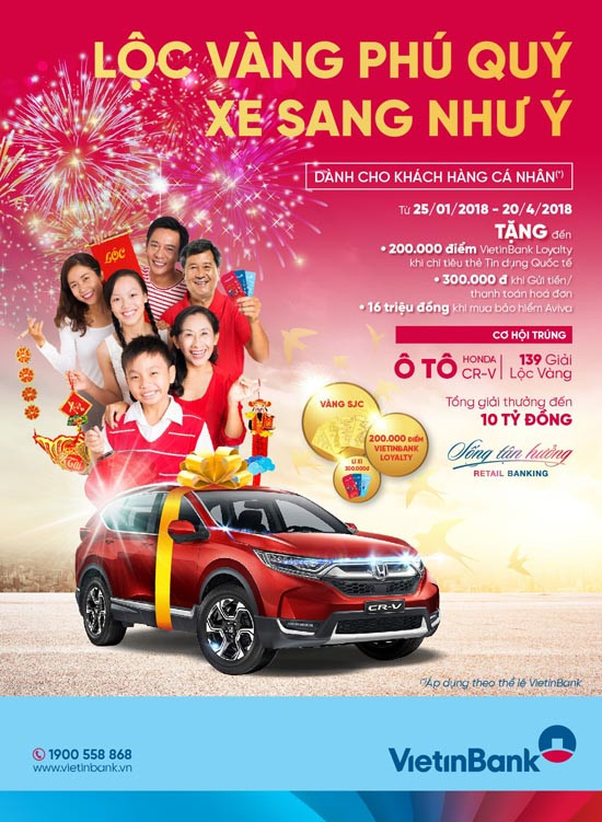 Cơ hội trúng ô tô Honda CR-V và 139 giải Lộc vàng cùng VietinBank