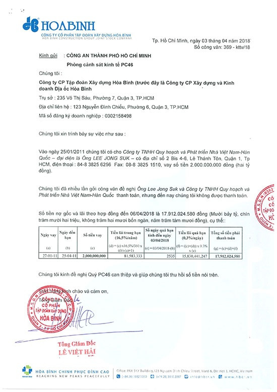 The Mark quận 7, TP HCM: Ông Lee Jong Suk – Tổng Giám đốc VK Housing bị tố vay tiền “quên” trả