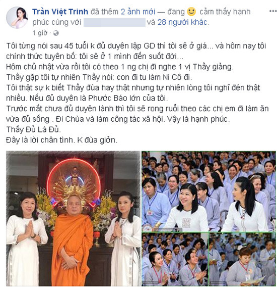 “Người đẹp Tây Đô” Việt Trinh sẽ ở một mình đến hết đời