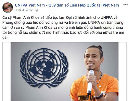 Bị tố gạ tình, Phạm Anh Khoa bị Quỹ dân số Liên hợp quốc gỡ ảnh khỏi website và fanpage