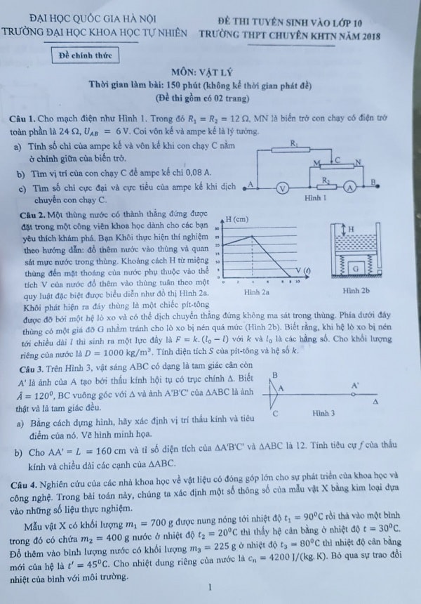 Đề vào lớp 10 chuyên Lý trường Khoa học tự nhiên