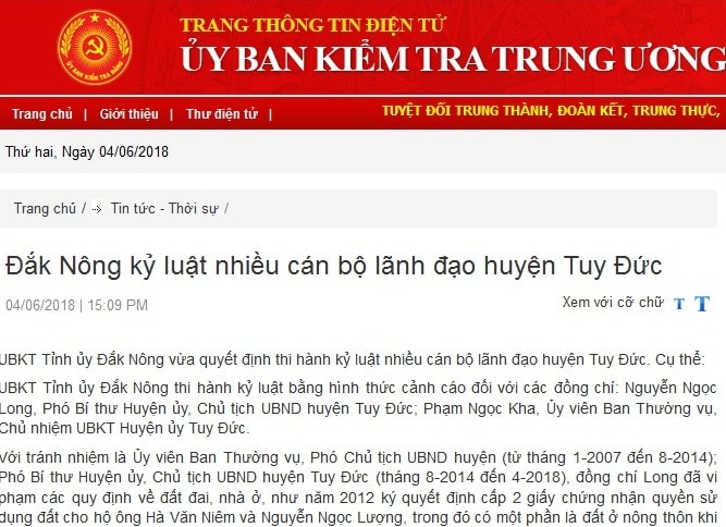 Thi hành kỷ luật nhiều cán bộ lãnh đạo huyện Tuy Đức,  Đắk Nông