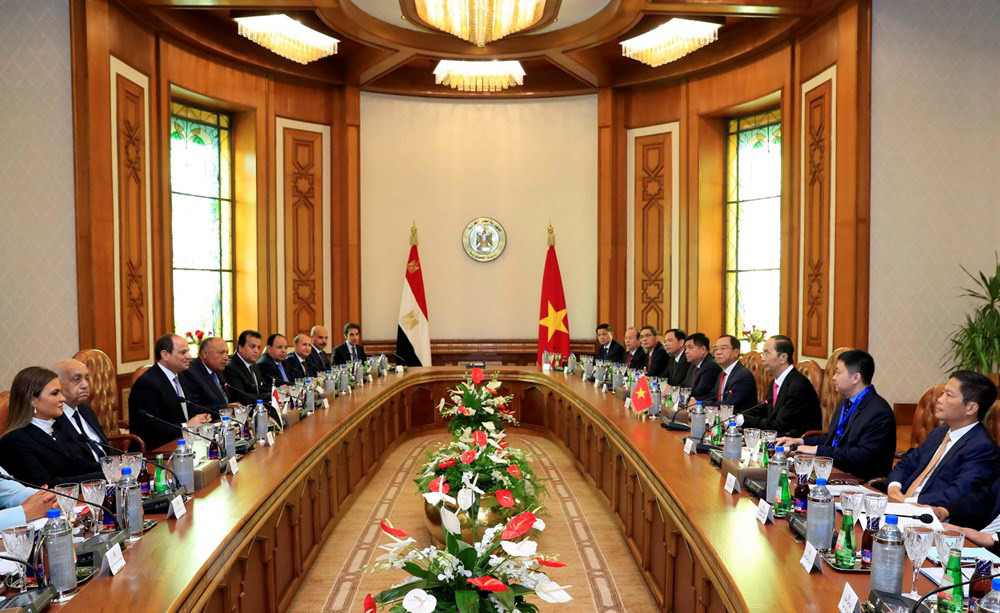 Tổng thống Ai Cập đón, hội đàm với Chủ tịch nước Trần Đại Quang