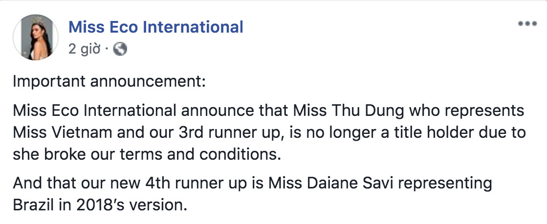 Thư Dung tiếp tục bị tước danh hiệu Á hậu Miss Eco International
