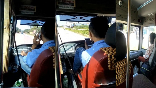 Tìm ra tài xế lái xe buýt bằng chân, tay cầm điện thoại ở Bắc Giang
