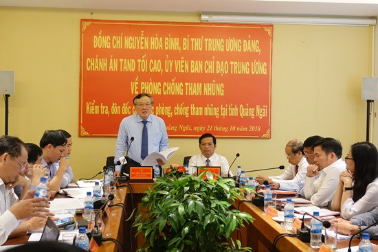 Chánh án TANDTC Nguyễn Hòa Bình làm việc với tỉnh Quảng Ngãi về phòng, chống tham nhũng
