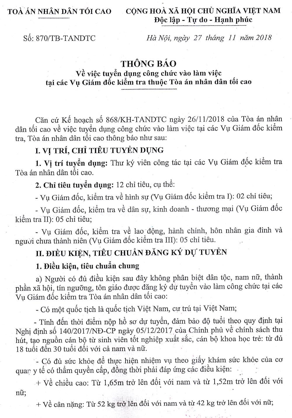 Tòa án nhân dân tối cao thông báo tuyển dụng công chức