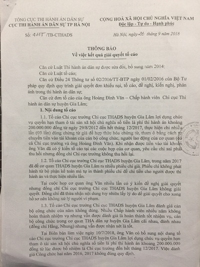 Gia Lâm, Hà Nội: Cơ quan chức năng kết luận sai phạm tại Chi cục Thi hành án dân sự