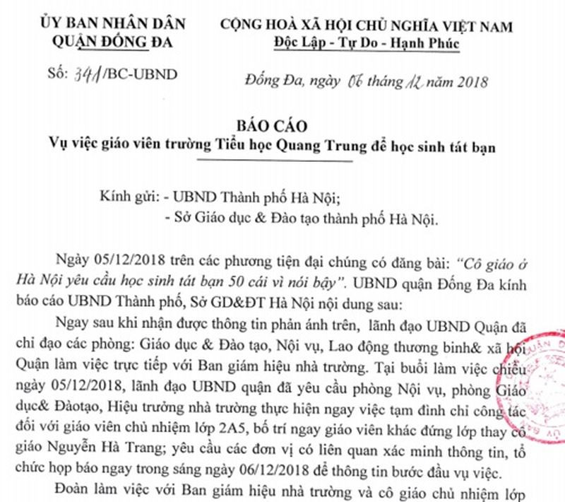 UBND quận Đống Đa thành lập Đoàn thanh tra xác minh làm rõ vụ việc trường TH Quang Trung