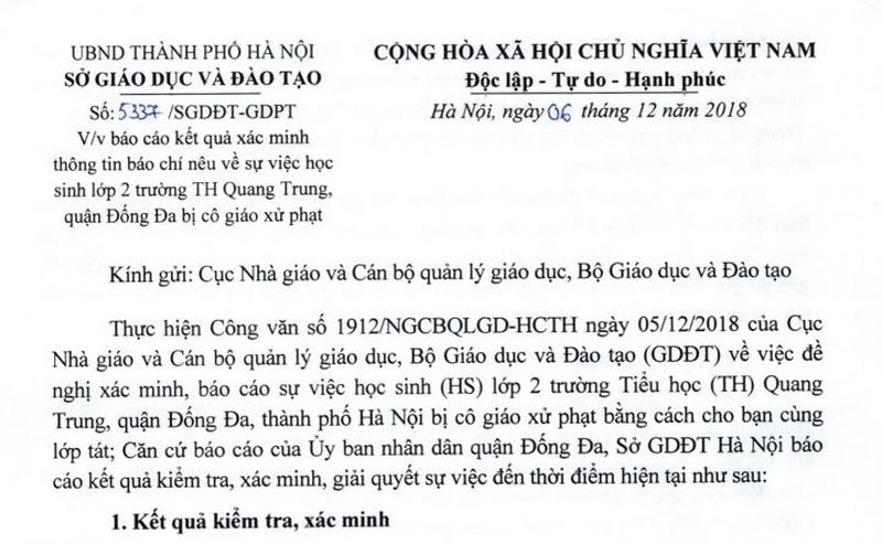 Sở GD-ĐT Hà Nội báo cáo gì với Bộ GD-ĐT về vụ việc tại trường Tiểu học Quang Trung?