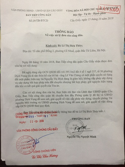 Việc đề nghị dừng cấp giấy CNQSDĐ ở Cầu Giấy, Hà Nội: UBND quận đã chỉ đạo giải quyết